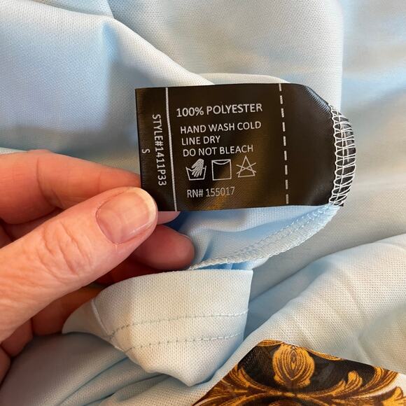 Powder Blue Gold Chiffon Baroque Sleeveless Open Back V-Neck Maxi Dress SM New - Picture 12 of 15